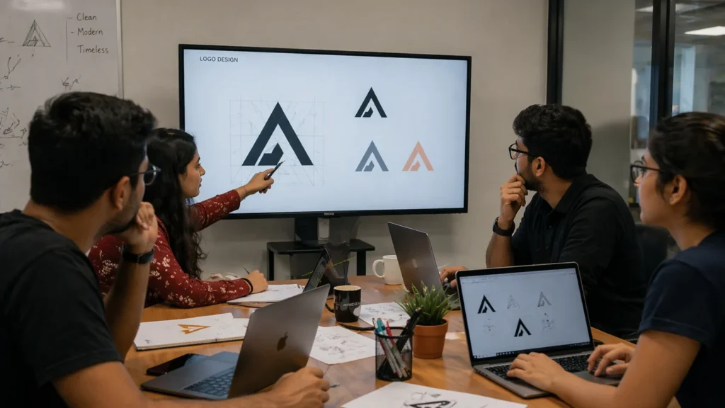 Logo design process discussion in a modern office