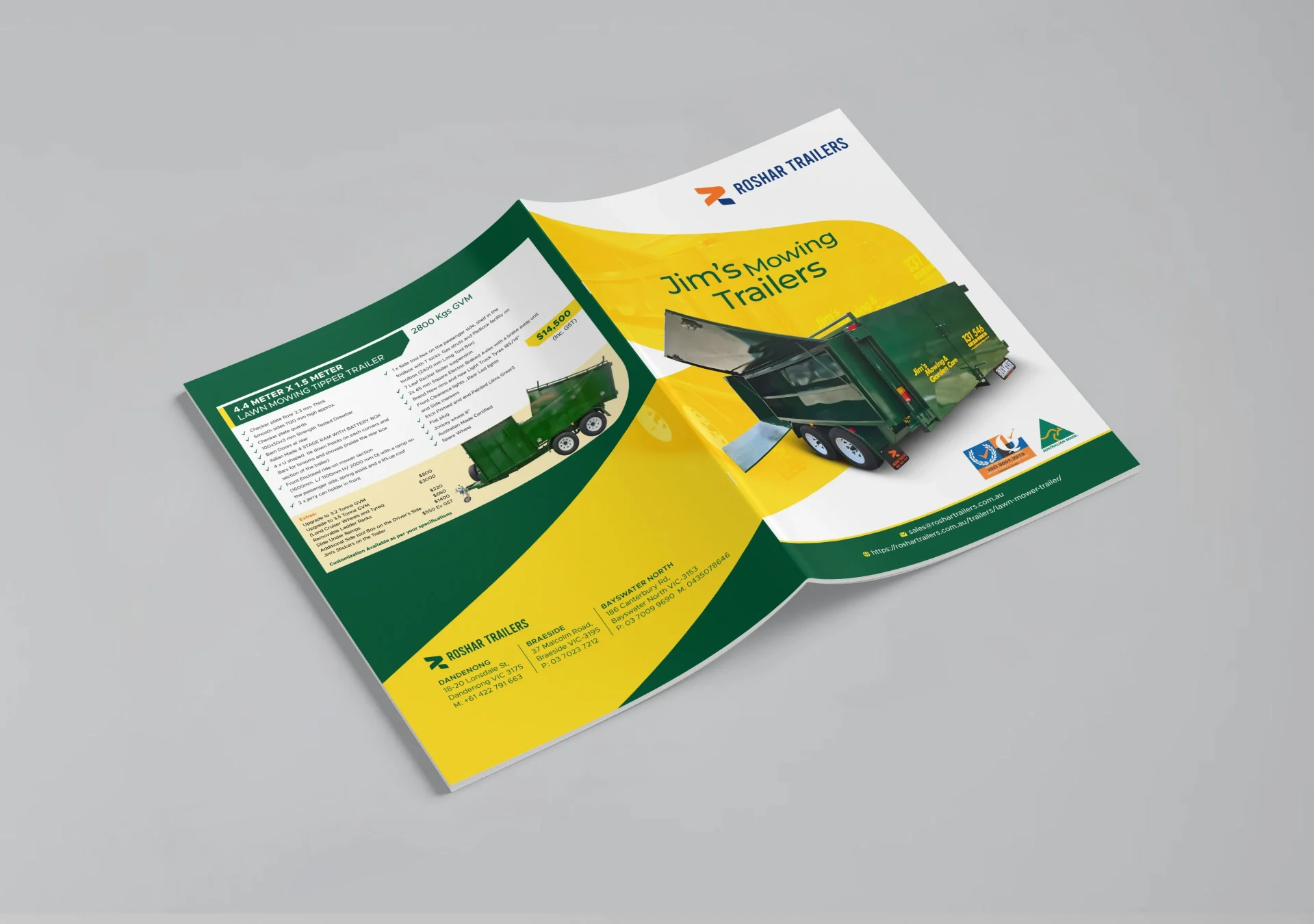 Brochure design for Roshar Trailers Jim's Mowing trailers Australia - Creative Ideas